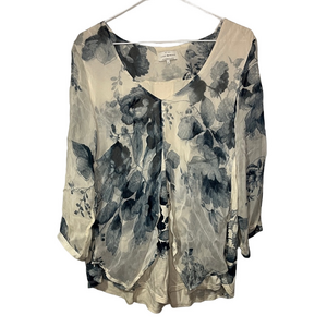 Lucky Brand Women Blouse L Cream Blue Floral Watercolor Boho Fairy Dainty Sheer